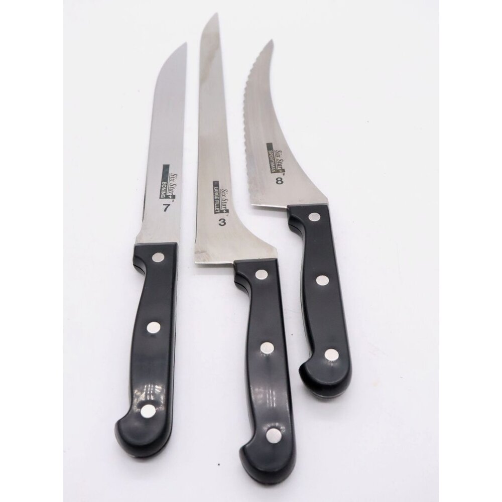 3 Ronco Six Star Knives - 3 Large Filet 7 Boning 8 Sportsman SS Full Tang